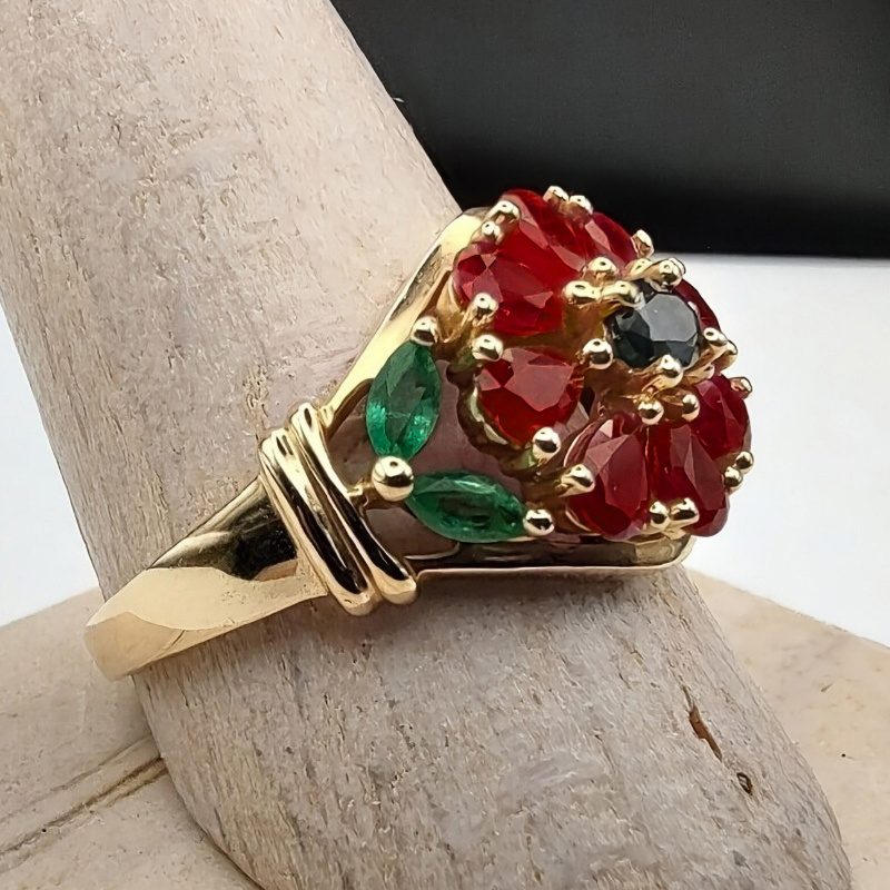 Vintage Inlay Red Flower Ring for Women, Special Occasions